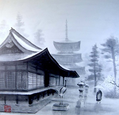 穐月明　春雨の寺　鶴林寺　日本画